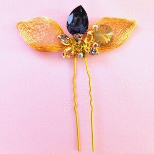 Gold Hair Pin Vintage Leaf Shape Blue Gem Wire Barrette Hair Clip Fairycore